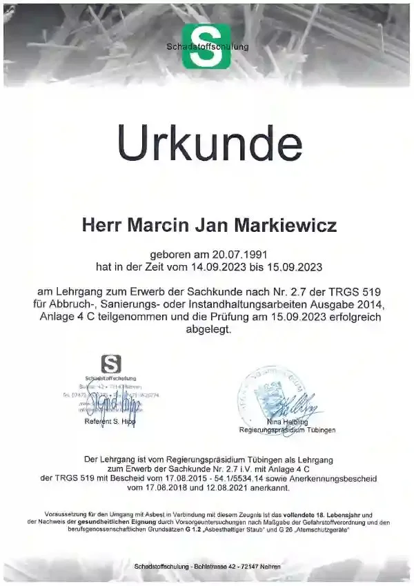 Urkunde / Asbestschein