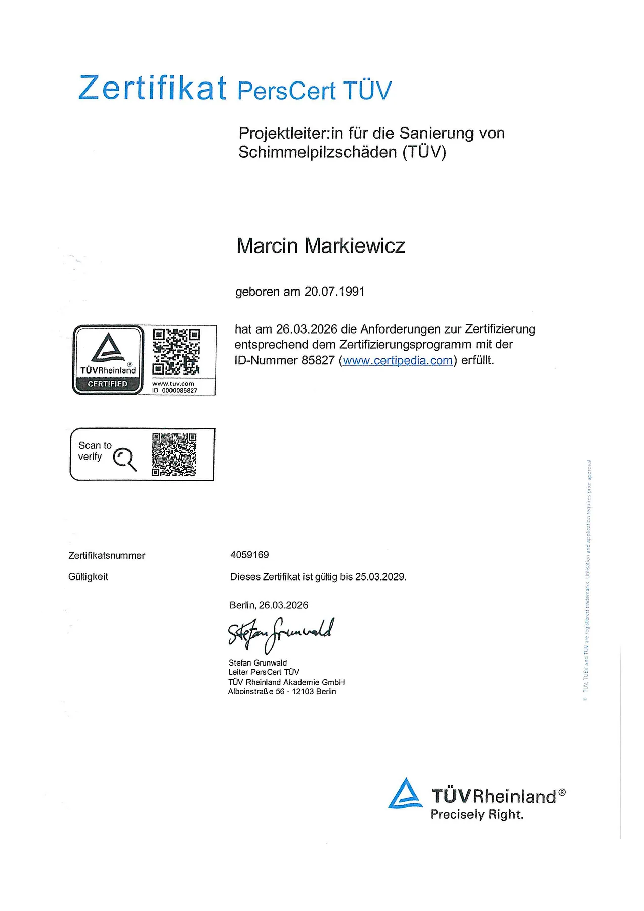 Zertifikat PersCert TÜV